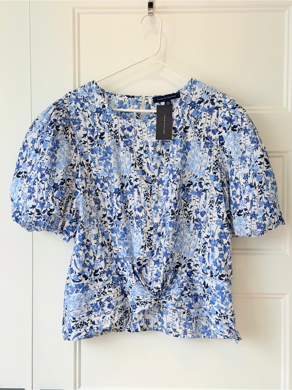 Tommy Hilfiger Blue Floral Puff Sleeve Tie-Front Blouse